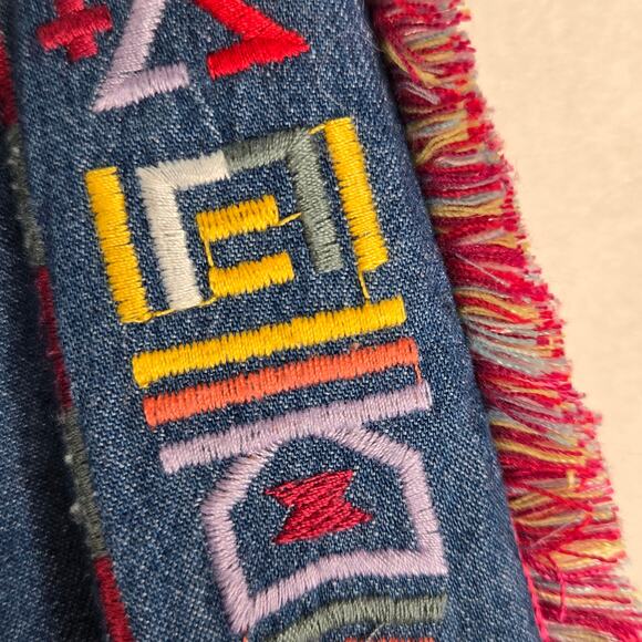 Falls Creek EUC denim embroidered Aztec open jacket kimono sleeves Medium blue - Picture 14 of 15